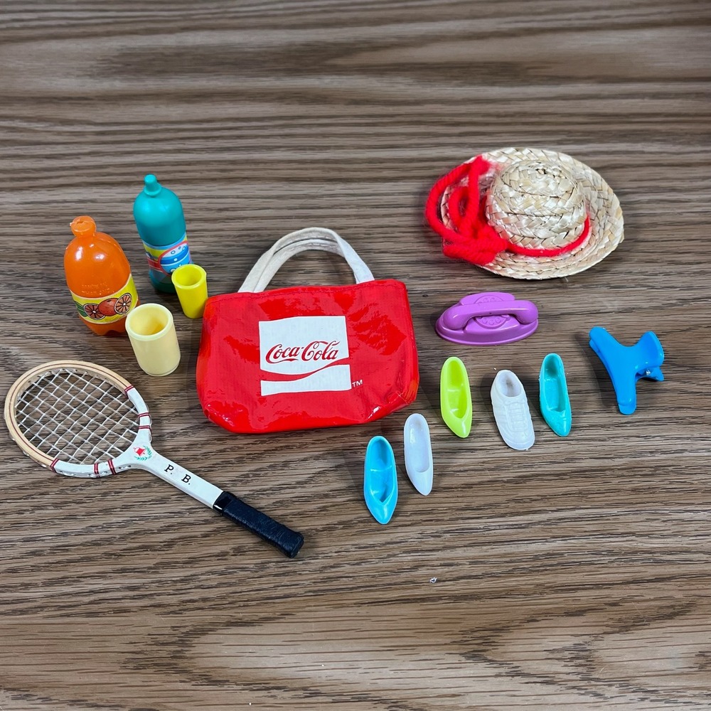 Coca Cola Red Bag Tennis Racquet Shoes Hat Telephone Phone Doll Accessory Lot